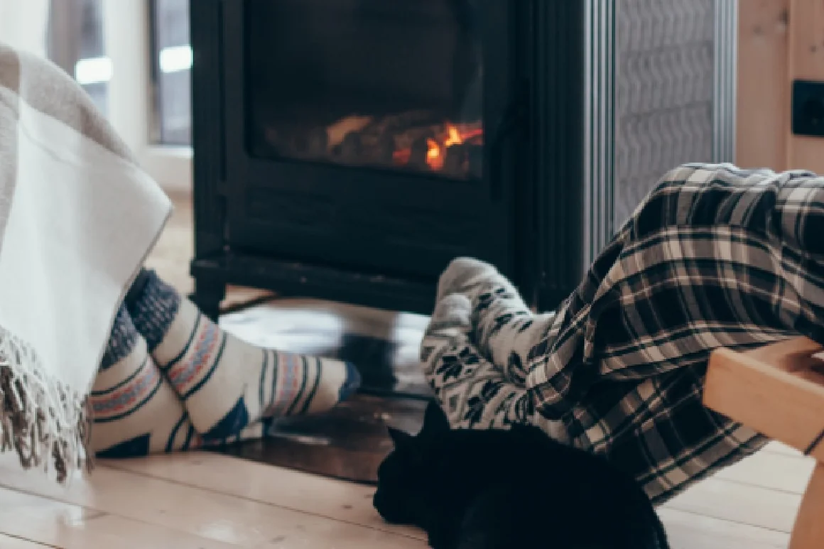 Person mit Katze vor Kamin.